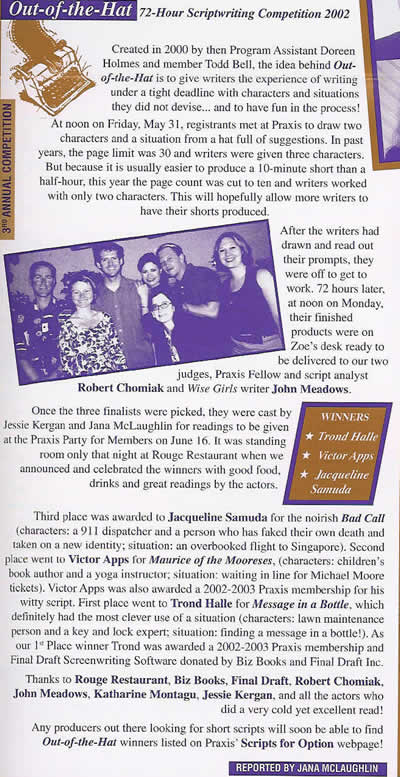 May, 2002 - Out of the Hat 72 Hour Scriptwriting Competition 2002